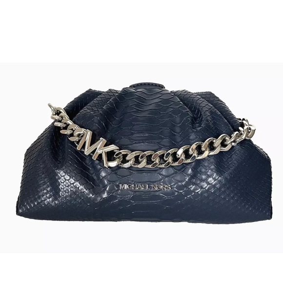 New Michael Kors Nola Small Snake Embossed Crossbody Chain Clutch Navy - Picture 2 of 6